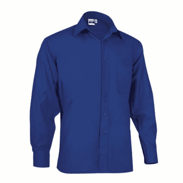 Camisa de trabajo manga larga y corte clásico, azul azulina, ligera y resistente. Cierre frontal con botones al tono de la prenda
