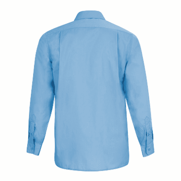 Camisa de trabajo manga larga y corte clásico, azul azulina, ligera y resistente. Cierre frontal con botones al tono de la prenda